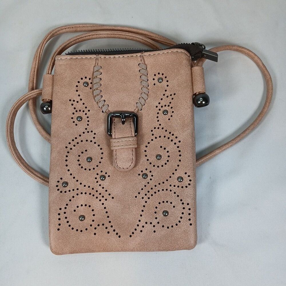 American Bling Western Crossbody Bag Faux Suede Taupe Studded Cell Phone Purse
